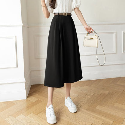 High Waist Plain Midi A-Line Skirt