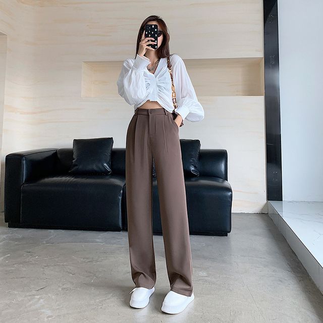 High Waist Plain Wide Leg Slacks