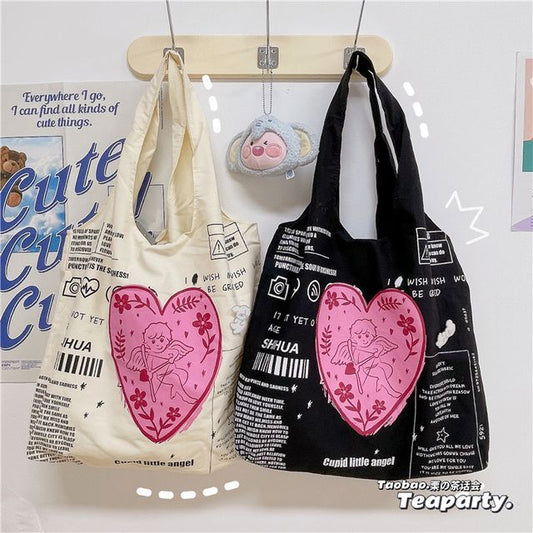 Lettering Cartoon Print Shopper Bag / Bag Charm / Set