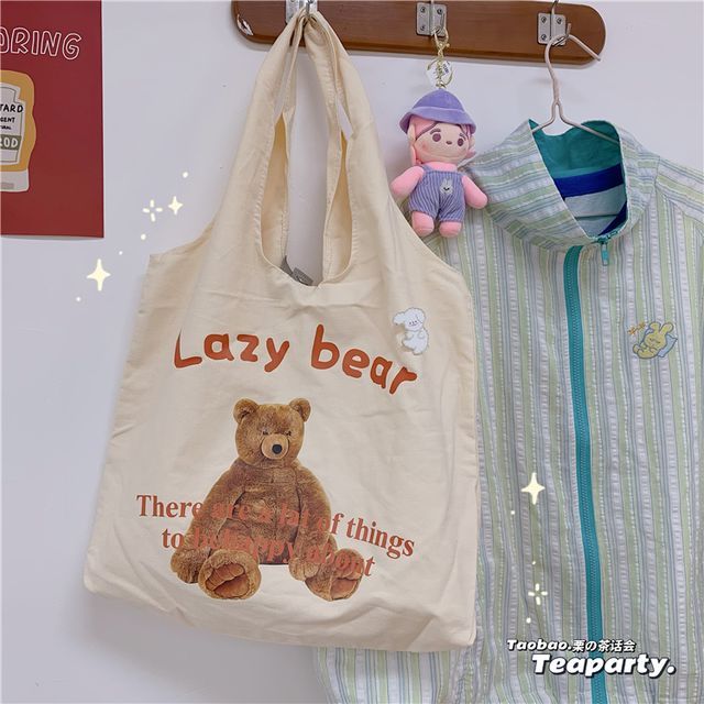 Lettering Cartoon Print Shopper Bag / Bag Charm / Set