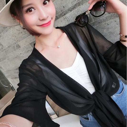 Elbow-Sleeve Plain Chiffon Crop Tie Front Jacket