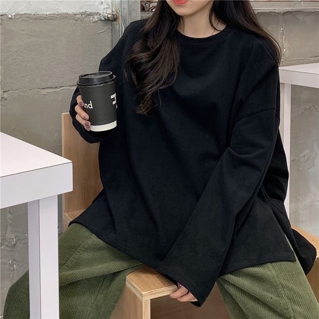 Long-Sleeve Round Neck Plain Slit Oversized T-Shirt