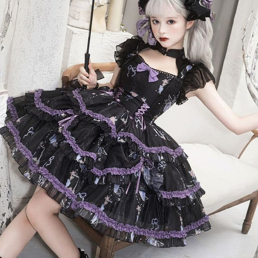 Lolita Cap-Sleeve Mesh Tiered A-Line Dress