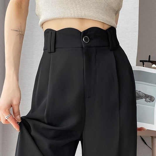 High Rise Plain Scallop Edge Wide Leg Pants