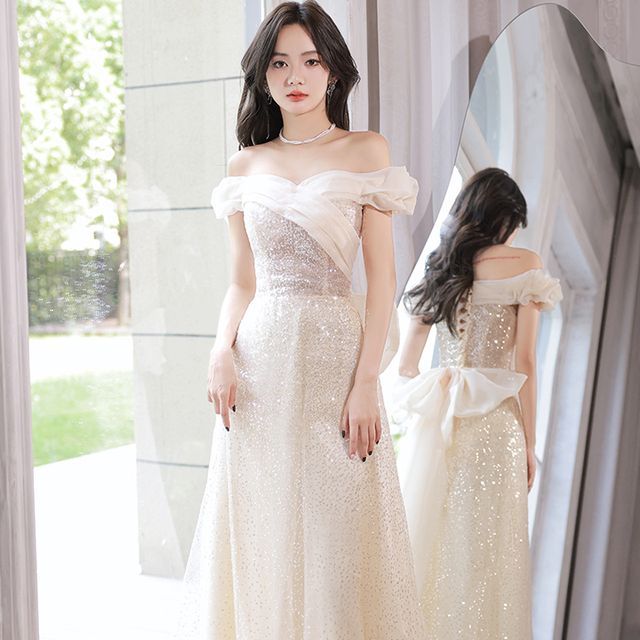 A-Line Shoulder Gown Off Glitter Evening