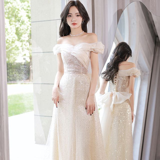 A-Line Shoulder Gown Off Glitter Evening