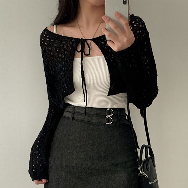 Long-Sleeve Perforated Shrug