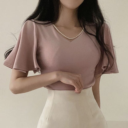 Flare-Sleeve V-Neck Plain Blouse