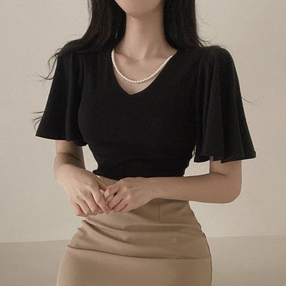 Flare-Sleeve V-Neck Plain Blouse