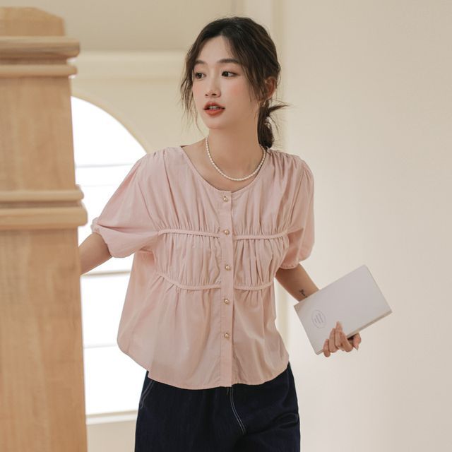 Puff-Sleeve Plain Shirred Faux Pearl Buttoned Blouse