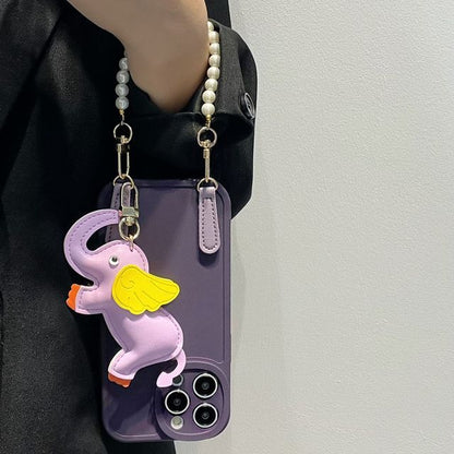 Faux Leather Elephant Charm Faux Pearl Strap Phone Case