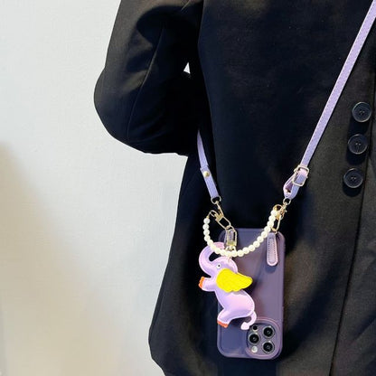 Faux Leather Elephant Charm Faux Pearl Strap Phone Case