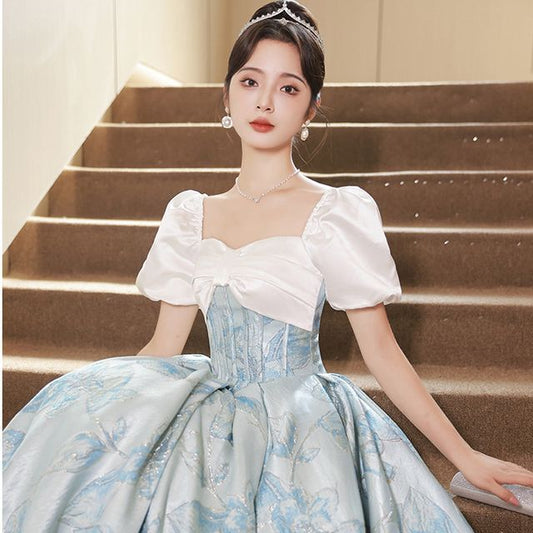 Short-Sleeve Neck Corset Square Evening Waist Gown