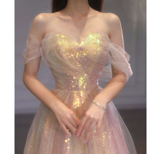 Short-Sleeve Off Shoulder Iridescent A-Line Evening Gown