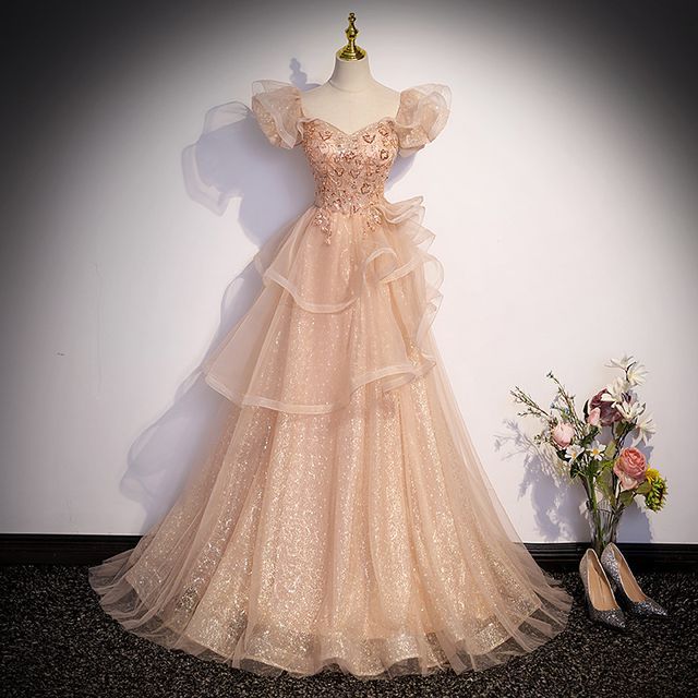 Neckline Cap-Sleeve Evening Sweetheart Gown Mesh A-Line