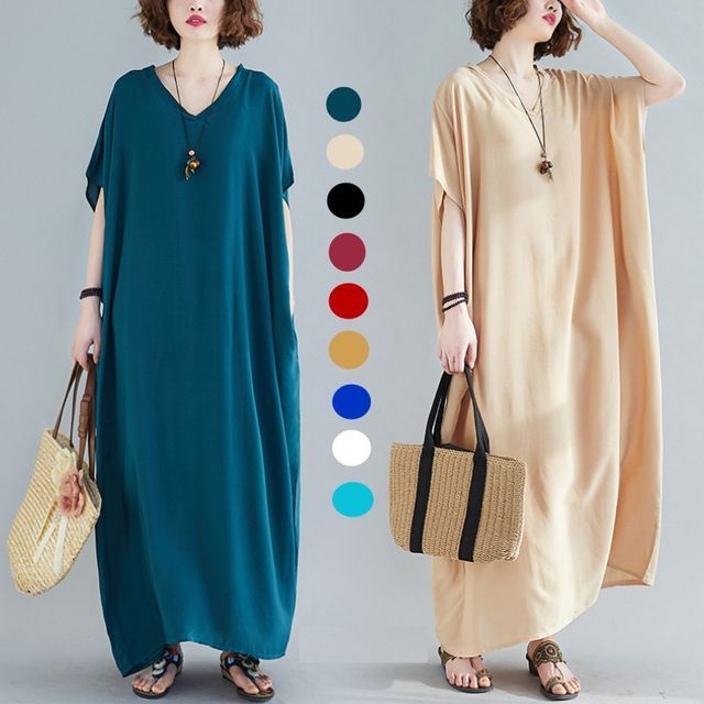 V-Neck Short Sleeve Shift Maxi Dress