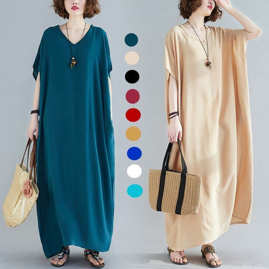 V-Neck Short Sleeve Shift Maxi Dress