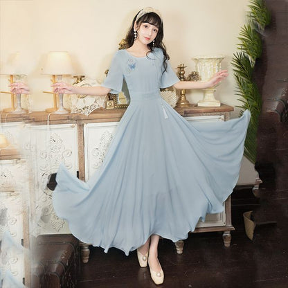 Short-Sleeve Round Neck Butterfly Print Midi A-Line Dress