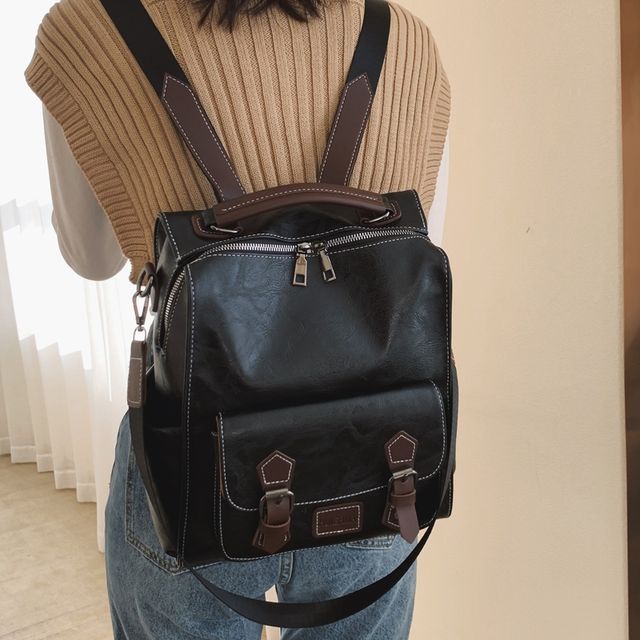 Faux Leather Buckled Backpack