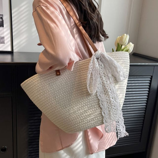 Lace Bow Woven Tote Bag