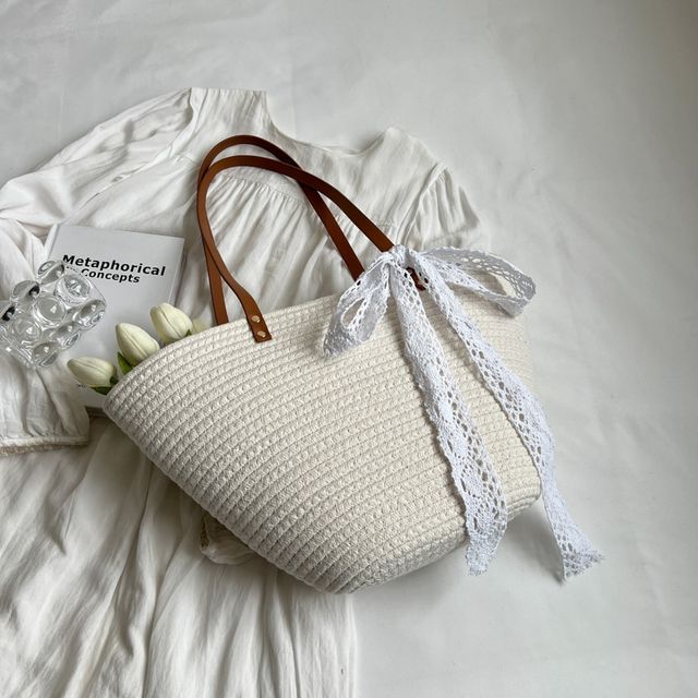 Lace Bow Woven Tote Bag