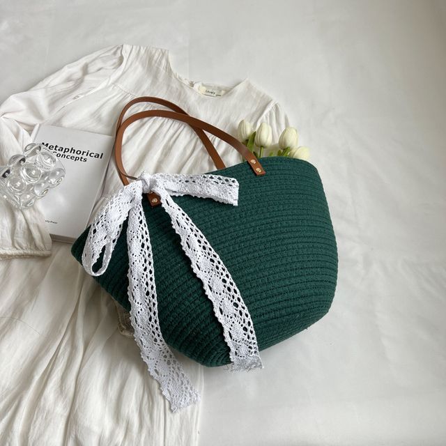 Lace Bow Woven Tote Bag