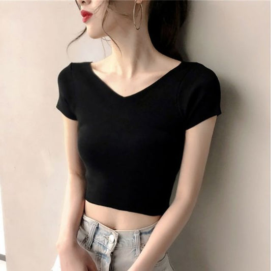 Short-Sleeve V-Neck Plain Cropped T-Shirt
