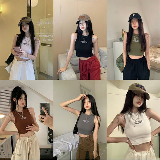 Crew Neck Letter Embroidered Crop Tank Top