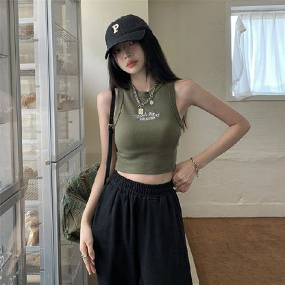 Crew Neck Letter Embroidered Crop Tank Top