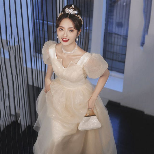 Midi Evening A-Line Gown Mesh Cocktail Plain Dress /