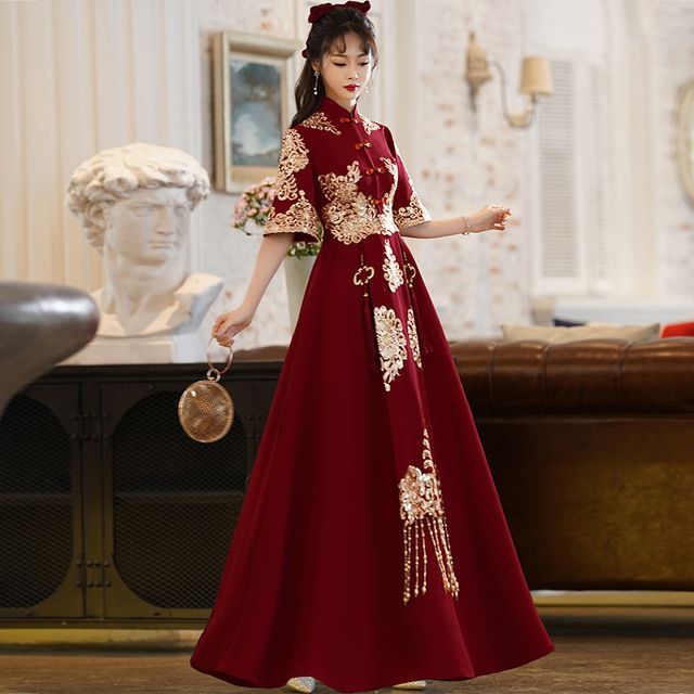 A-Line Mandarin Elbow-Sleeve Collar Gown Fringe / Embroidered Dress Beaded Wedding Chinese Midi Cocktail