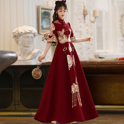 A-Line Mandarin Elbow-Sleeve Collar Gown Fringe / Embroidered Dress Beaded Wedding Chinese Midi Cocktail