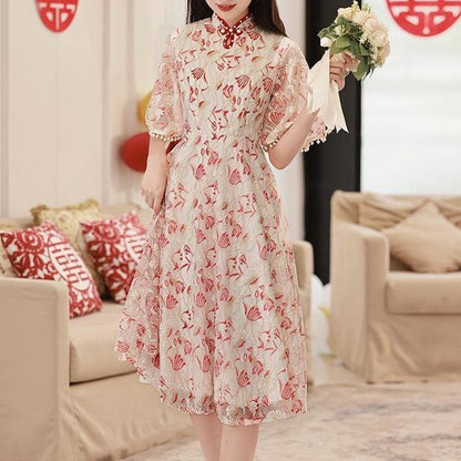 Short-Sleeve Mandarin Collar Floral Patterned Faux Pearl Midi A-Line Cocktail Dress