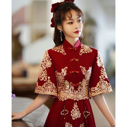 Elbow-Sleeve Mandarin Collar Embroidered Beaded Fringe A-Line Chinese Wedding Gown / Midi Cocktail Dress