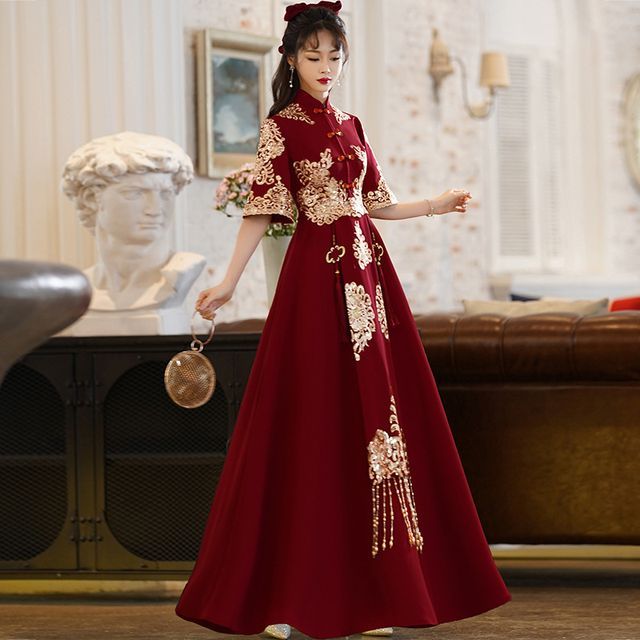 A-Line Mandarin Elbow-Sleeve Collar Gown Fringe / Embroidered Dress Beaded Wedding Chinese Midi Cocktail