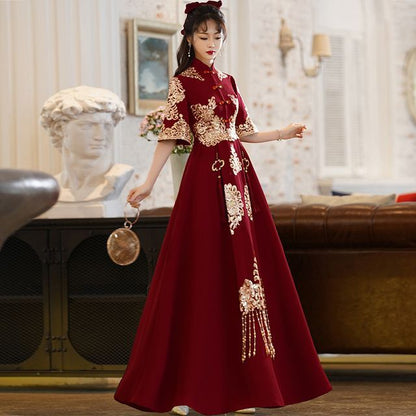 Elbow-Sleeve Mandarin Collar Embroidered Beaded Fringe A-Line Chinese Wedding Gown / Midi Cocktail Dress