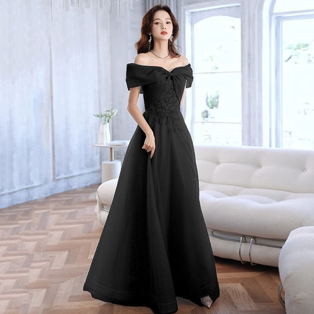 Short-Sleeve Off Shoulder Sequin Beaded Mesh A-Line Evening Gown / Midi Cocktail Dress