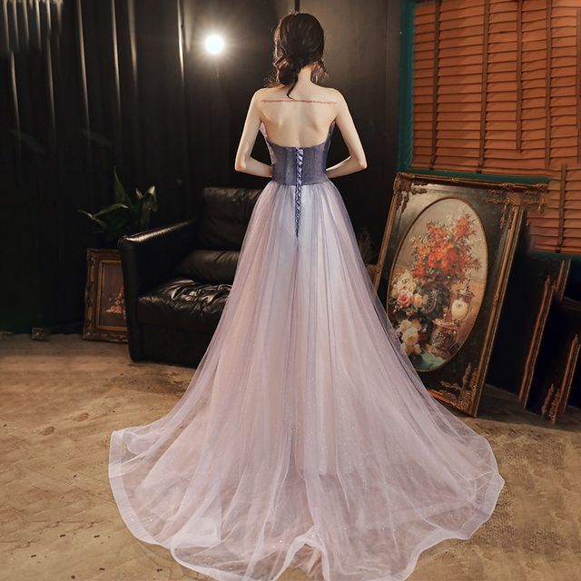 Gradient Ruched Glitter Mesh A-Line Tube Evening Gown / Midi Evening Gown