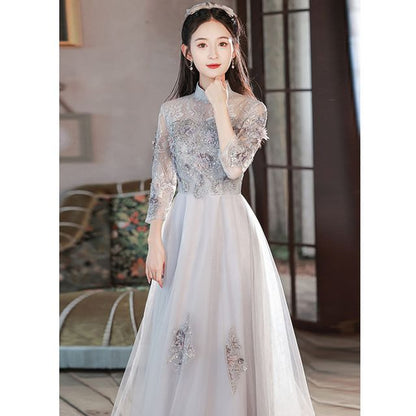 Mesh Evening A-Line Gown Flower Collar Panel Elbow-Sleeve Beaded Mandarin Lace Embroidered
