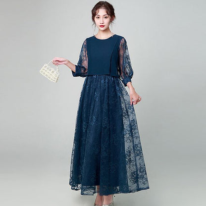 Lace Crewneck Three-Quarter Sleeve A-Line Maxi