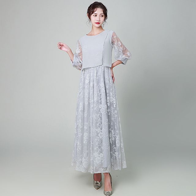 Lace Crewneck Three-Quarter Sleeve A-Line Maxi