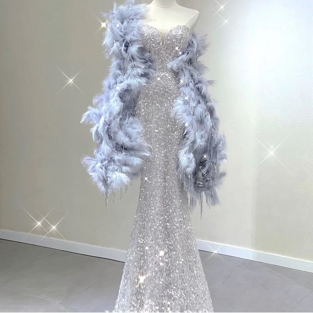 Sequin Evening Gown Strapless Mermaid Fur Scarf / Faux