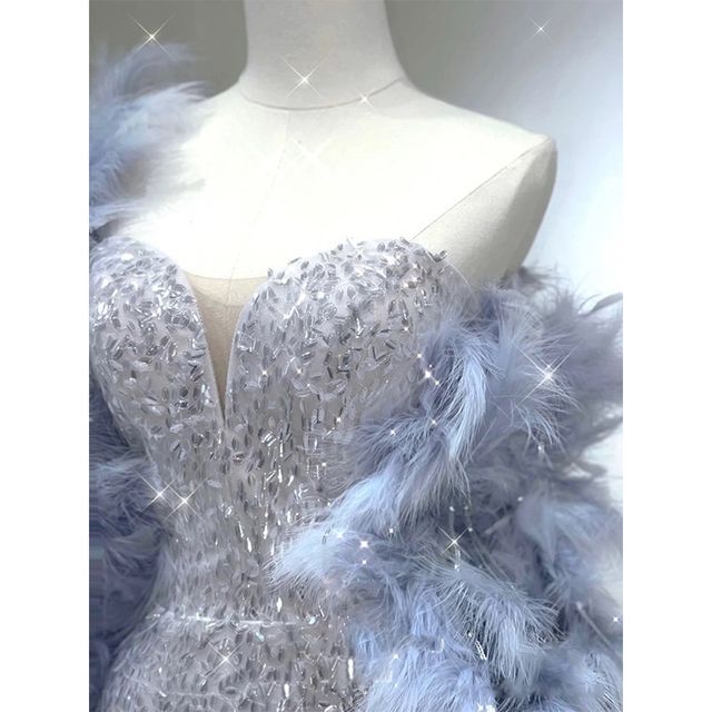 Sequin Evening Gown Strapless Mermaid Fur Scarf / Faux
