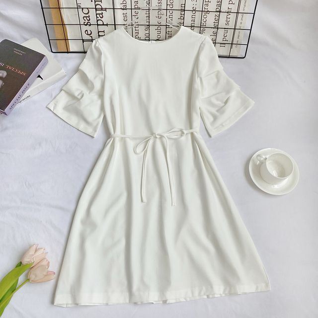 Elbow-Sleeve Crewneck Plain A-Line Dress