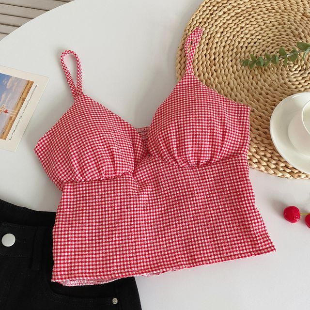 V-Neck Plaid Crop Bustier Top