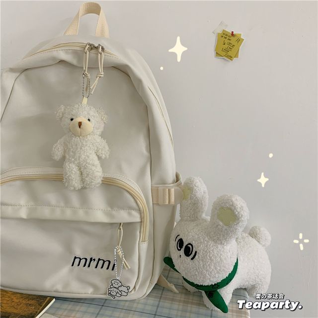 Letter Embroidered Multi-Pocket Backpack / Bag Charm / Set