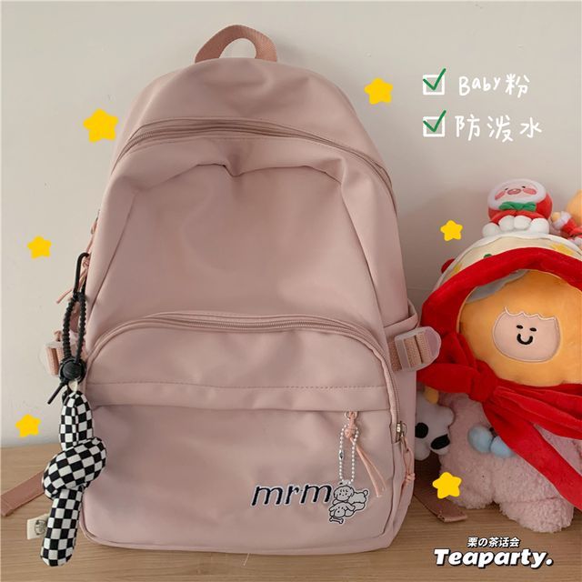 Letter Embroidered Multi-Pocket Backpack / Bag Charm / Set