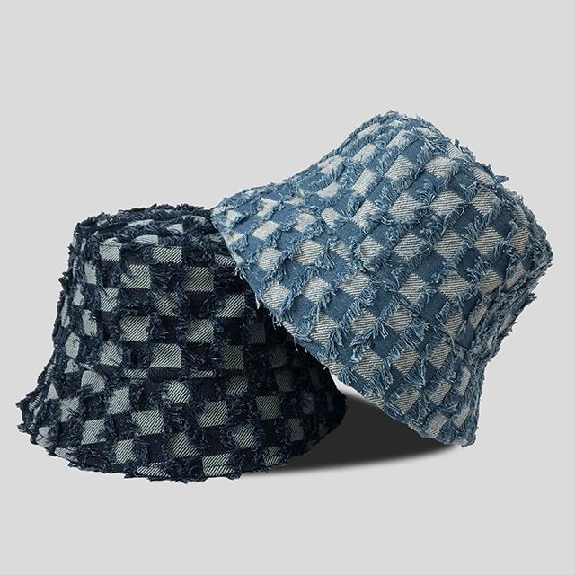 Fringed Checker Denim Bucket Hat
