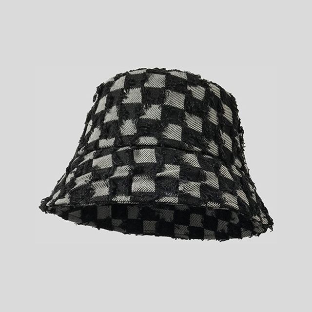 Fringed Checker Denim Bucket Hat