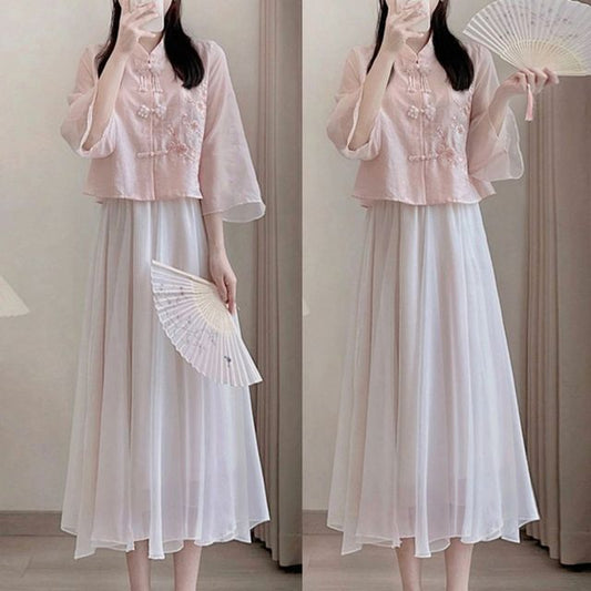 Flare-Sleeve Frog Buttoned Plain Blouse / High Waist Midi A-Line Skirt